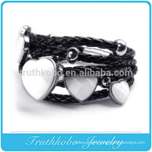 TKB-B5016 Womens Multi Strand Heart Bead Rhinestone Charm Wristband Braided Rope Leather Bracelet Stainless Steel Magnetic Clasp